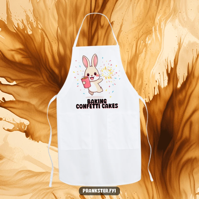 Funny apron with a cheerful rabbit hopping away from an exploding confetti popper, ideal for a festive kitchen.