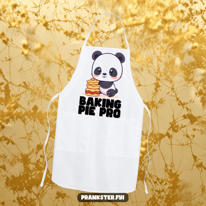 Funny apron with a playful panda carefully balancing a stack of pies, ideal for bakers who appreciate a touch of humor while cooking.