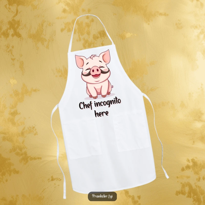 Funny apron with a giggling piglet wearing a fake mustache and a silly grin, perfect for humorous kitchen tasks.