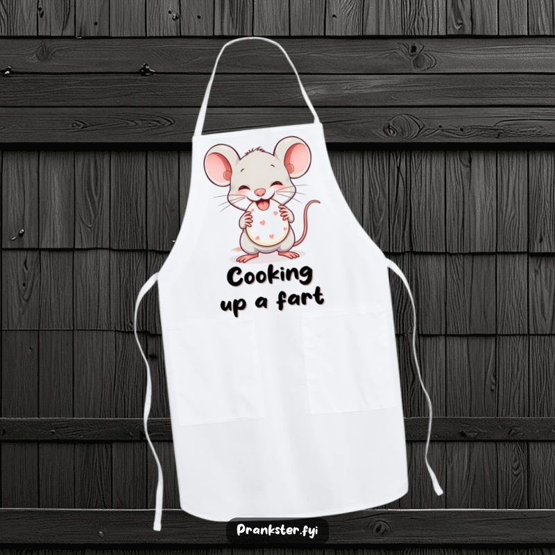 Funny Apron showcasing a mischievous mouse gleefully holding a tiny whoopee cushion, ideal for a prank-loving cook.