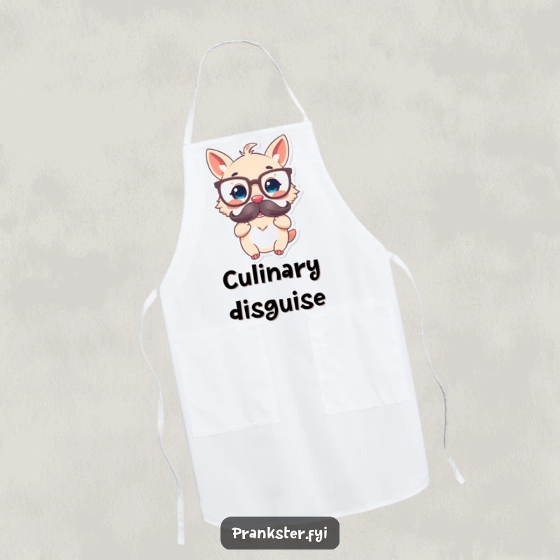 Funny apron with a delighted animal character wearing oversized glasses and a fake mustache, perfect for witty chefs.