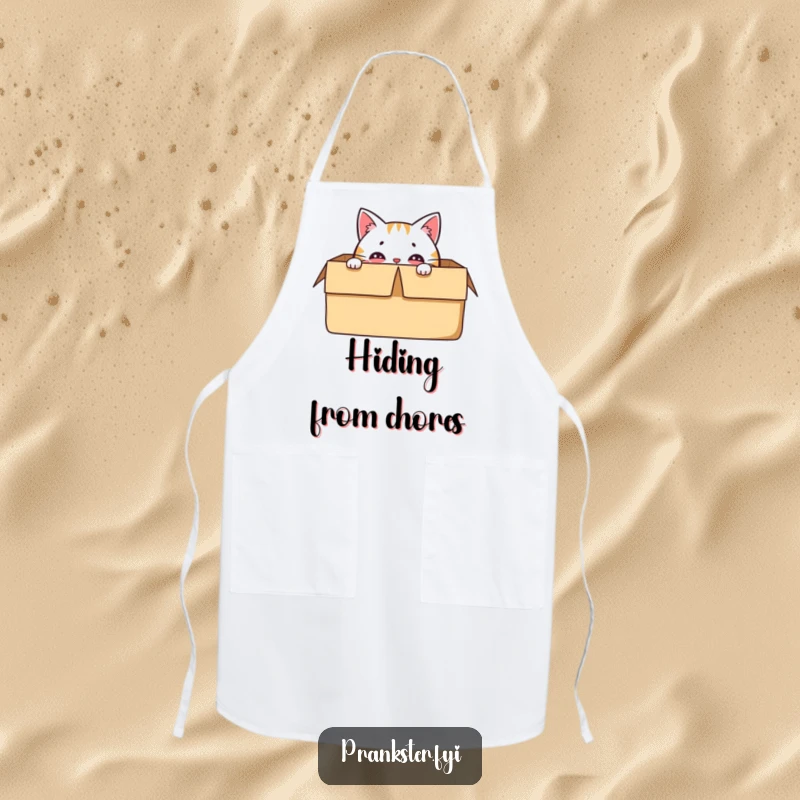 Funny apron showing a delighted cat character hiding in a box, with only its eyes visible.