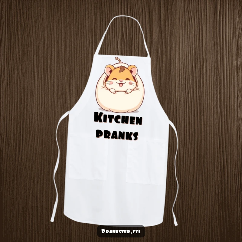 Funny apron with a giggling hamster character peeking out from a whoopee cushion, perfect for adding prankster humor to cooking.