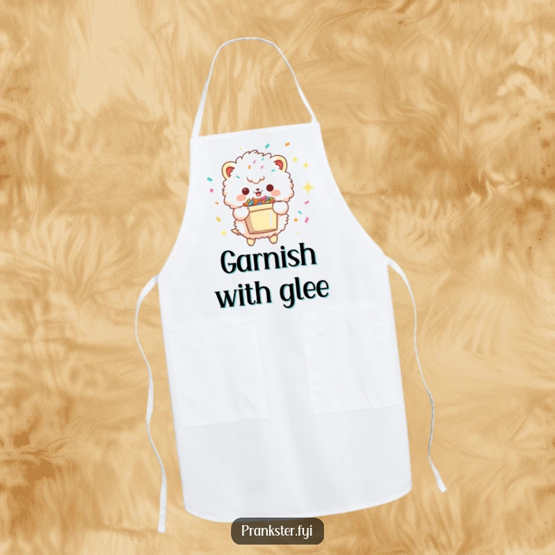 Funny apron featuring a fluffy creature with a mischievous sparkle, holding a confetti-filled bucket, perfect for adding fun to cooking and baking.