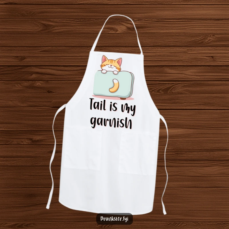 Funny apron with a giggling cat's tail peeking from behind an imaginary sofa, ideal for kitchen humor.