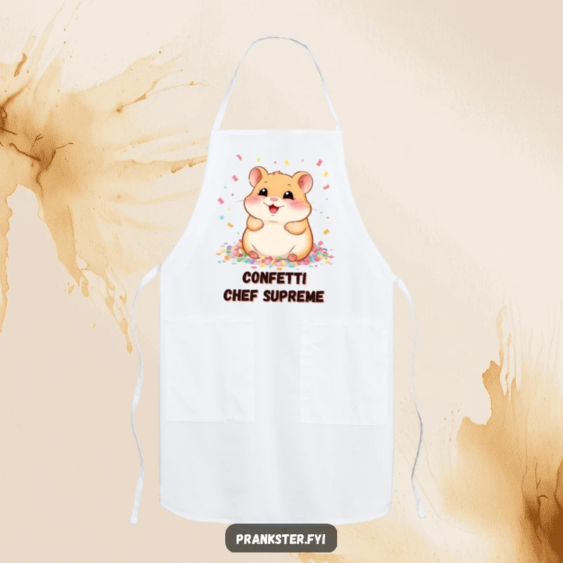 Funny Apron depicting a happy hamster joyfully playing in a confetti explosion, perfect for a lighthearted cook.