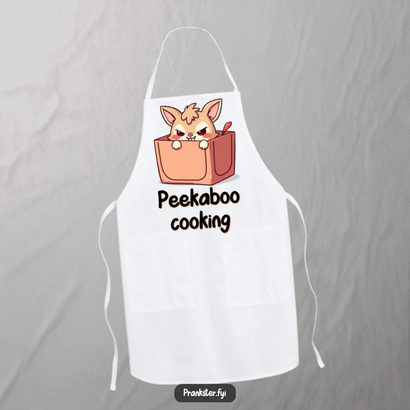 Funny apron with a mischievous animal character peeking from a jack-in-the-box, ready to add wicked grins to meal prep.