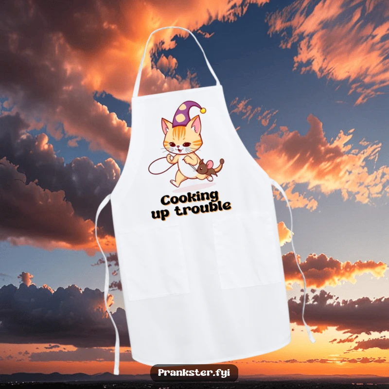 Funny jester cat apron depicting a cat in a hat tripping a mouse with a string, a humorous kitchen accessory.