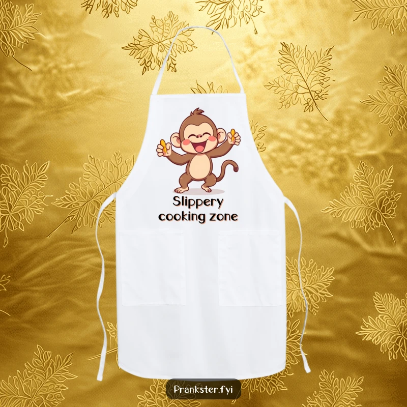 Funny Kawaii Monkey Apron gleefully throwing a banana peel, ideal for protecting clothes while cooking with a dose of mischievous humor and cuteness.
