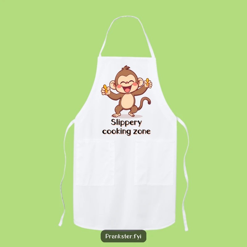 Funny Kawaii Monkey Apron Gleefully Throwing Banana Peel - Kitchen Humor Gift