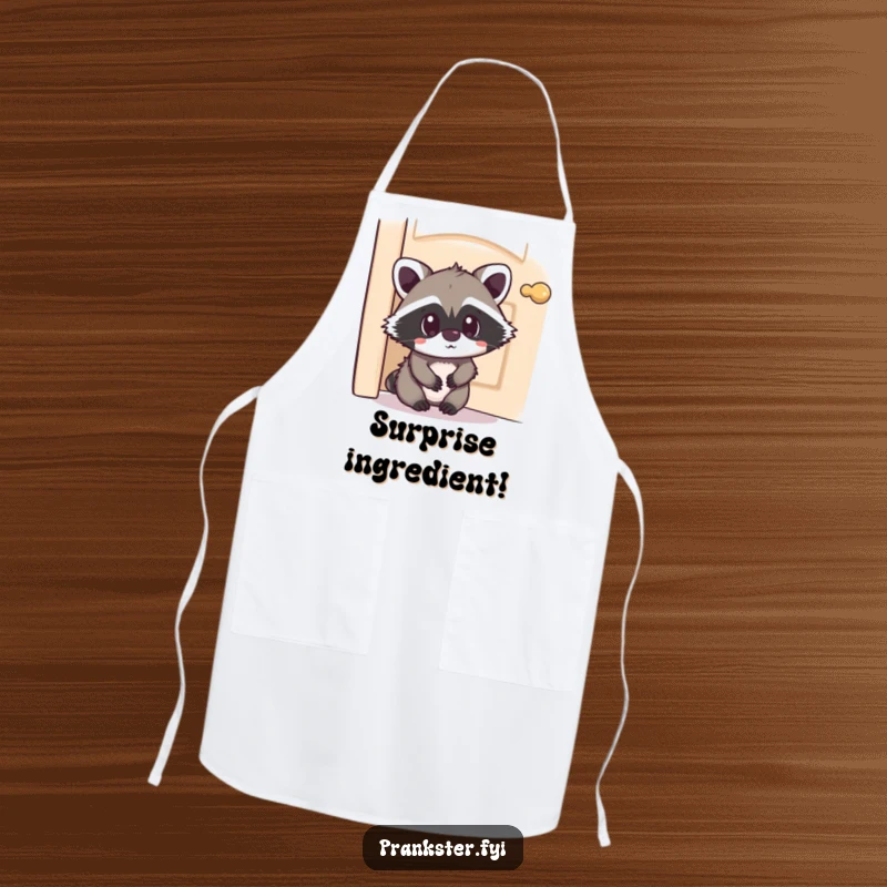 Funny Kawaii Raccoon Apron hiding with a playfully surprised expression, perfect for adding humor and protection in the kitchen, great for surprise lovers.