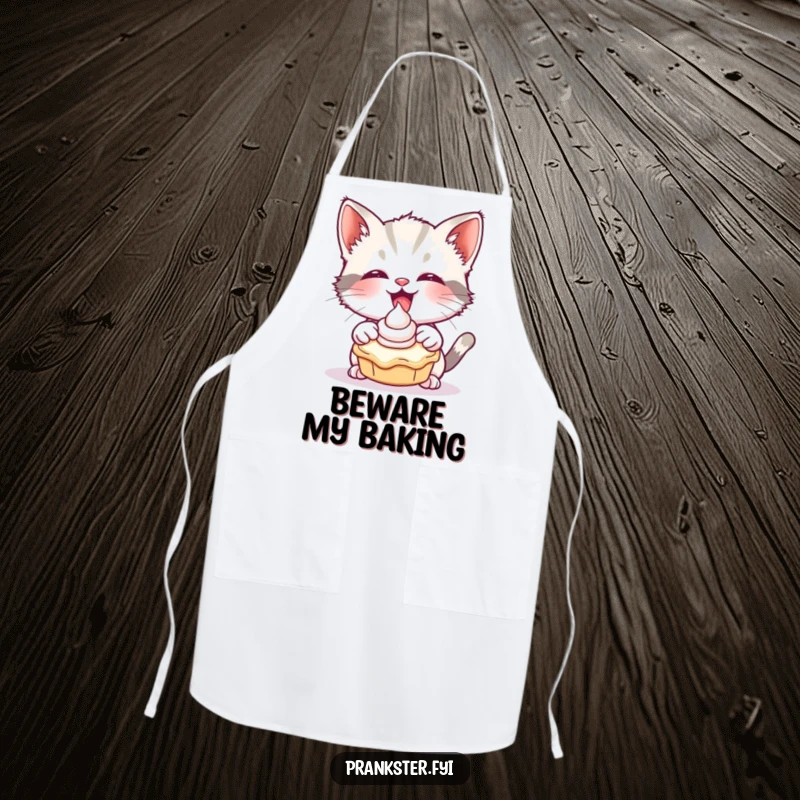 Funny apron with a giggling kitten tossing a cream pie, a humorous kitchen accessory for playful cooks.