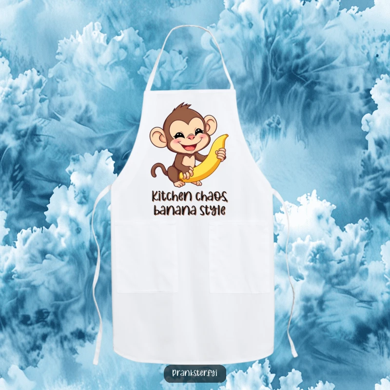 Funny monkey apron showing a mischievous monkey about to flick a banana peel, ideal for the playful cook who loves to have fun.