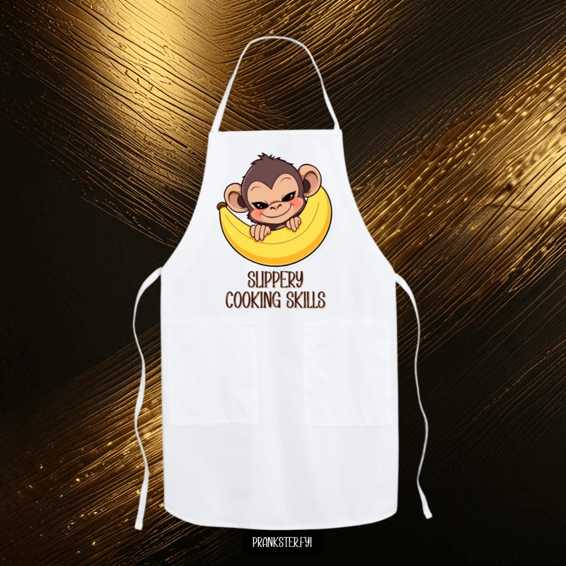 Mischievous monkey peeking behind a banana peel with a sly grin, wearing an apron, ready for kitchen fun.