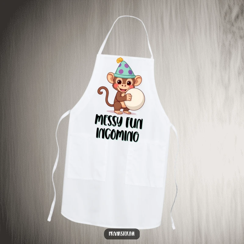 Funny monkey wearing a silly hat, holding a whoopee cushion behind its back, ready to cook in a humorous kitchen apron.
