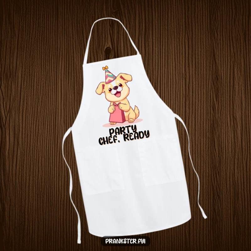 Funny apron with a party dog in a hat shaking a gift bag, ideal for a humorous and festive cooking experience.