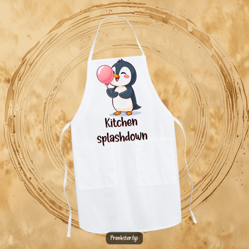 Funny penguin apron, cheerful penguin chef launching a water balloon, practical kitchen wear with a cute twist.