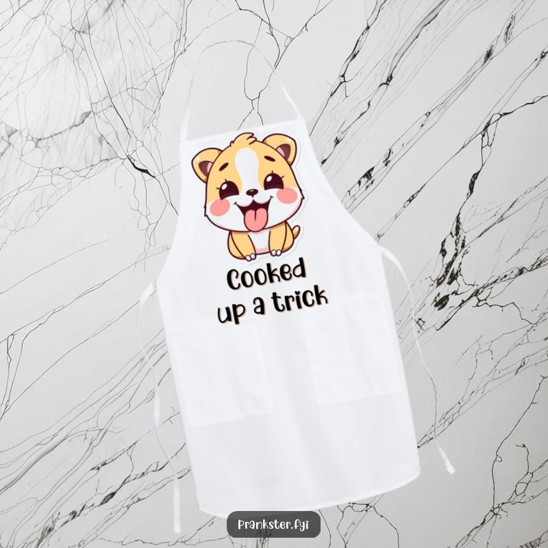 Funny Apron with a happy animal sticking its tongue out playfully after a prank while cooking, a humorous funny gift.