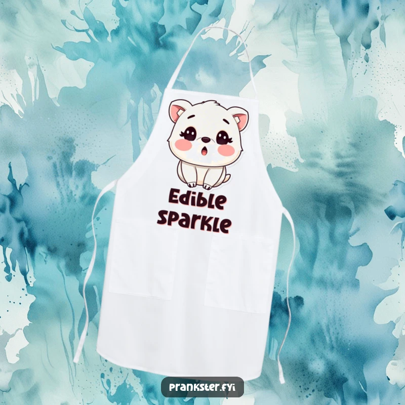 Funny apron showing a surprised animal with rosy cheeks, covered in glitter, perfect for adding sparkle to kitchen activities.