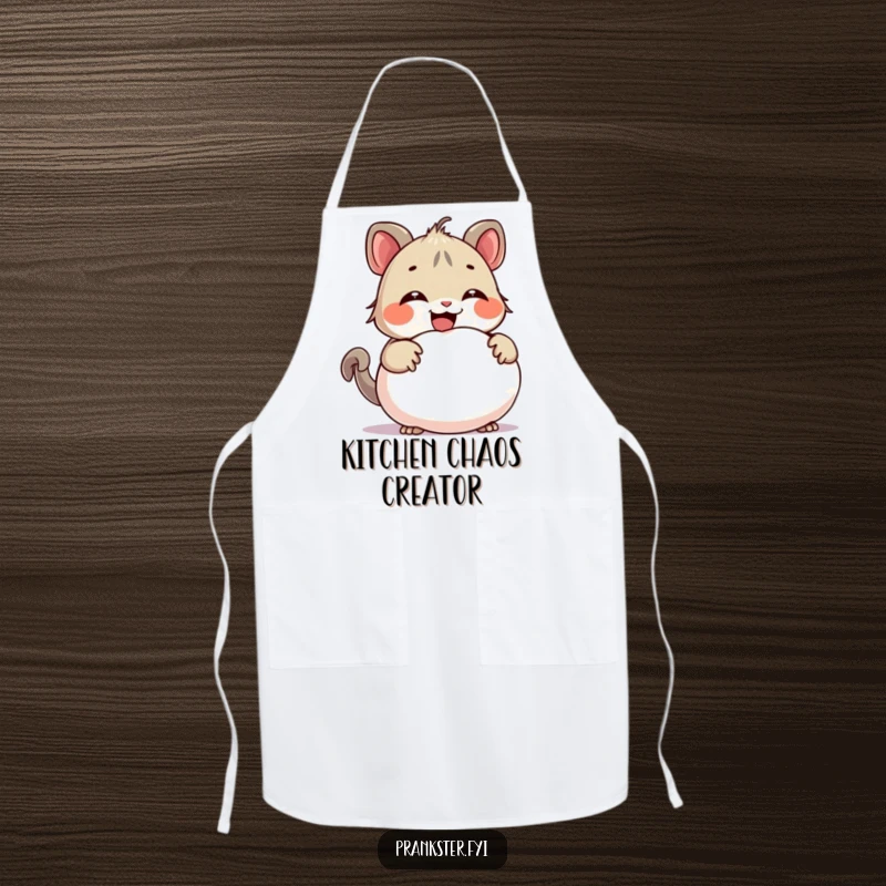 Funny apron featuring a giggling creature concealing a whoopee cushion, perfect for adding a playful and humorous element to kitchen activities.