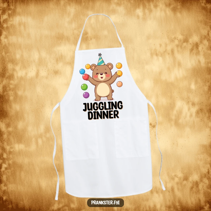 Funny bear apron showing a bear in a party hat juggling balls. A unique gift.