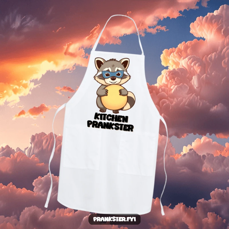 Funny raccoon apron, mischievous masked raccoon holding a whoopee cushion, humorous kitchenware, perfect funny gift for cooks.