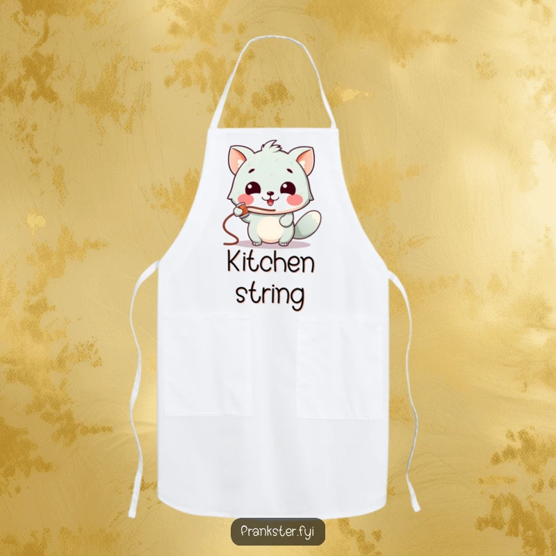Funny apron with a gleeful animal character spraying silly string, perfect for adding fun to cooking and parties.
