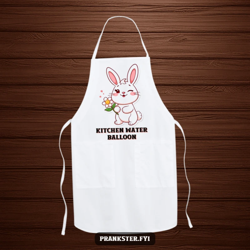 Funny apron adorned with a cheerful bunny character winking and holding a squirting flower, perfect for humorous kitchen activities.