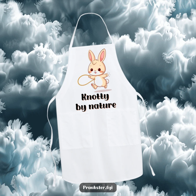 Funny bunny apron, playful rabbit chef with string tied to tail, practical kitchen wear with a cute twist.