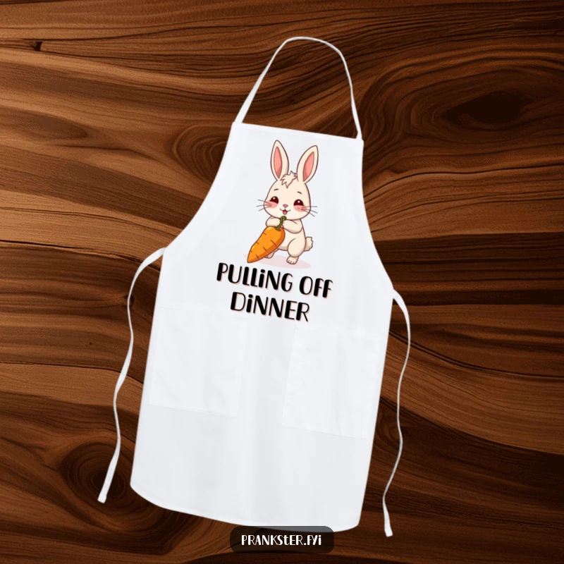 Funny rabbit apron showing a rabbit pulling a long string attached to a carrot. A unique gift.