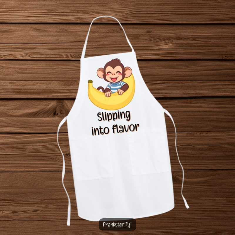 Funny monkey apron depicting a giggling monkey hiding behind a large banana peel, a humorous kitchen accessory.
