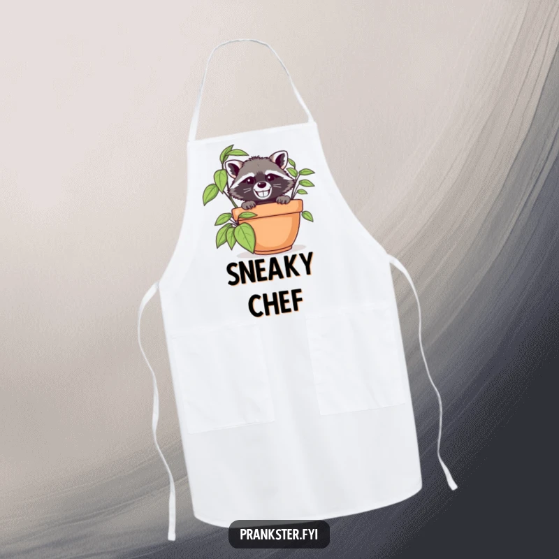 Funny raccoon in disguise peeking from behind a large potted plant, ready to cook in a humorous kitchen apron.