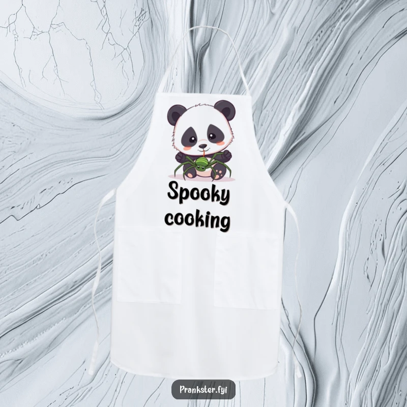 Funny apron with a curious panda accidentally pulling a fake spider on a string. Humorous and practical kitchen accessory.