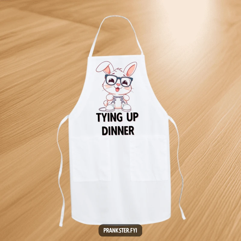 Funny rabbit apron with oversized spectacles, about to tie shoelaces together, a humorous kitchen accessory.