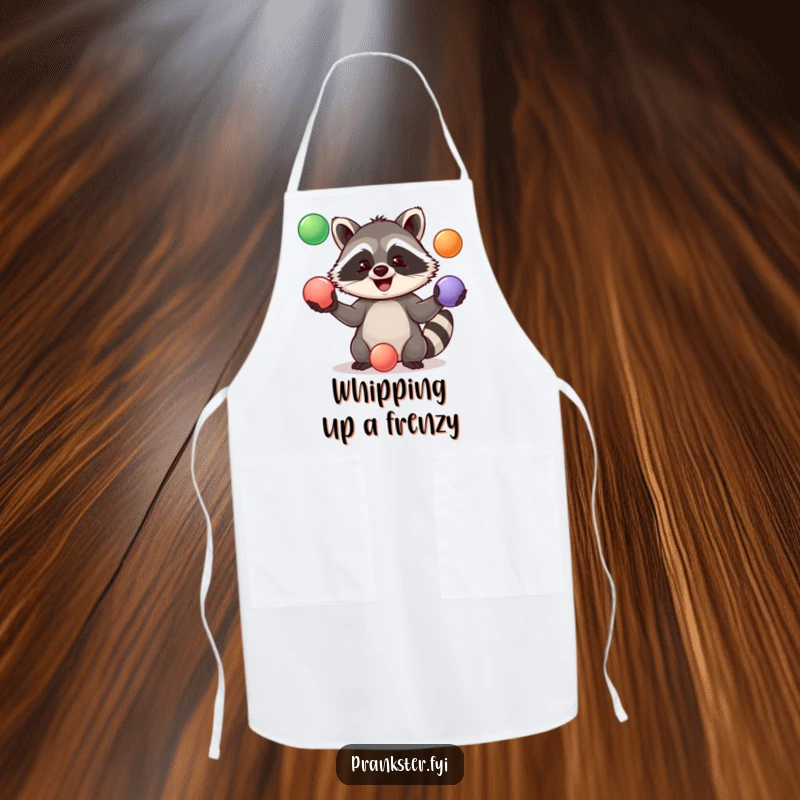 Funny Apron with a jolly raccoon demonstrating juggling skills with three colorful balls, ideal for a lighthearted kitchen.