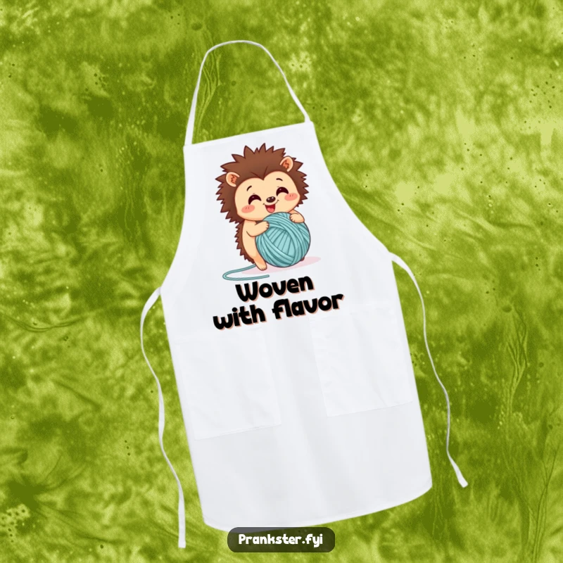 Funny apron showing a happy hedgehog rolling a ball of yarn, ideal for cooks and crafters who love a laugh.