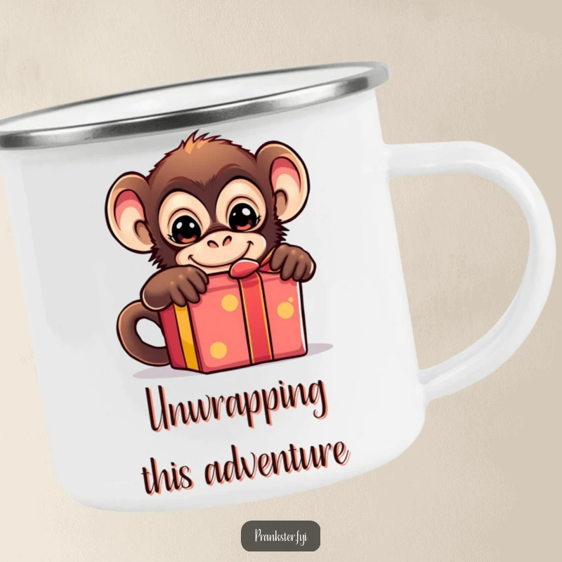 Funny camping mug with a mischievous monkey hiding behind a gift box, ideal for outdoor enthusiasts who love humor.