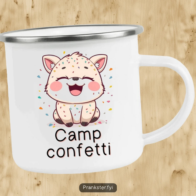 Funny camping mug with a laughing animal character covered in confetti, eyes sparkling with mischief, perfect for festive camping.
