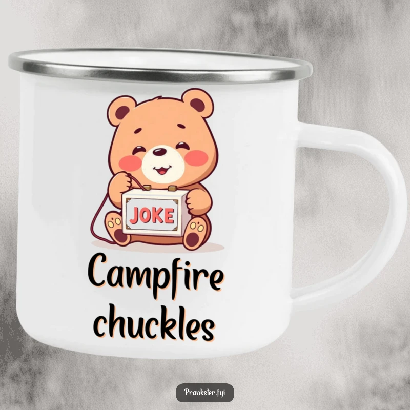 Funny camping mug with a smiling bear playfully tapping a string to a joke box. Durable and humorous for adventures.