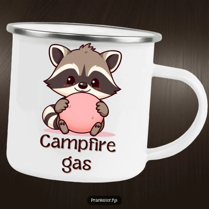 Funny camping mug featuring a proud raccoon character holding a whoopee cushion, perfect for enjoying drinks outdoors with a humorous touch.