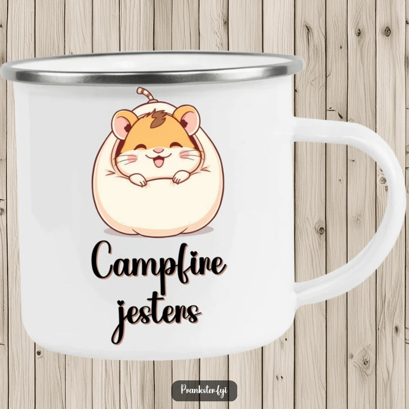 Funny camping mug with a giggling hamster character popping out of a whoopee cushion, perfect for outdoor adventures and laughter.