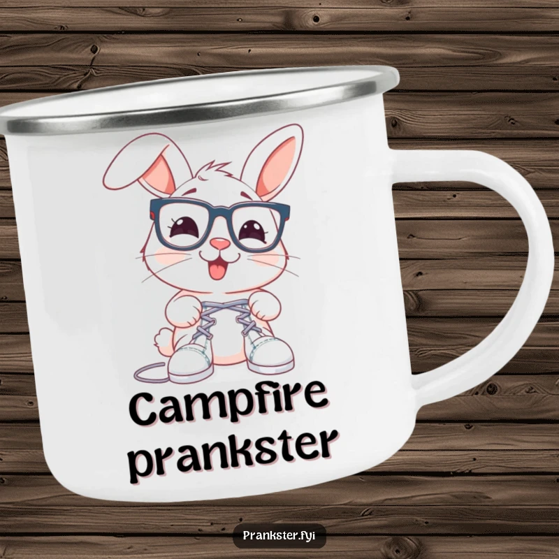 Funny rabbit camping mug with oversized spectacles, about to tie shoelaces together, durable and humorous.