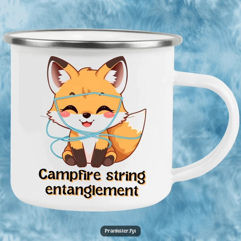 Funny Camping Mug with a smiling fox cub covered in silly string, adding a playful and humorous element to outdoor trips.
