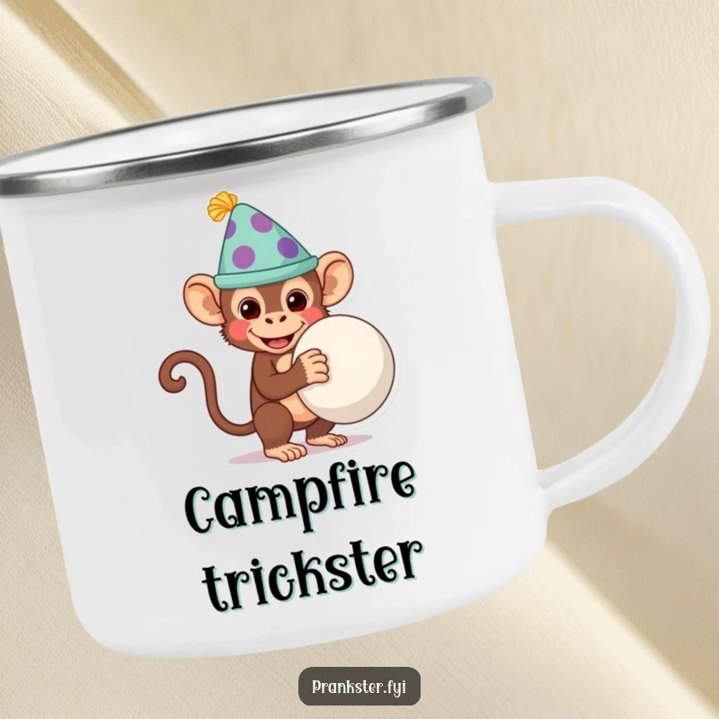 Funny monkey wearing a silly hat, holding a whoopee cushion behind its back, on a durable camping mug for outdoor fun.