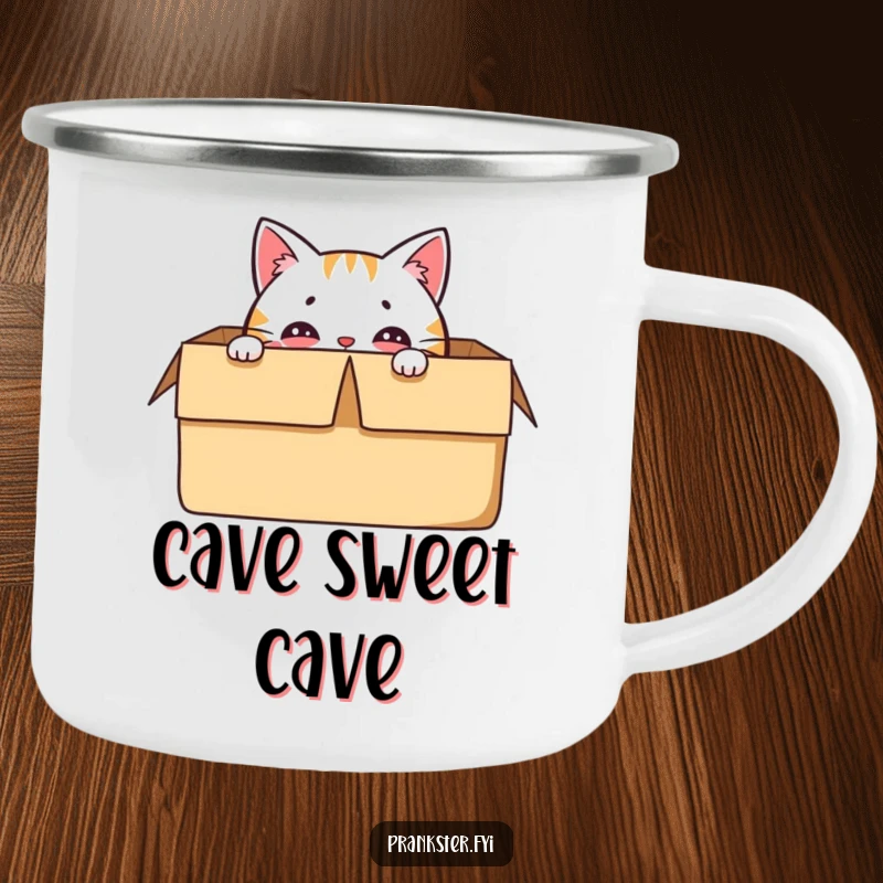 Funny camping mug featuring a delighted cat character hiding in a box, with only its eyes visible.