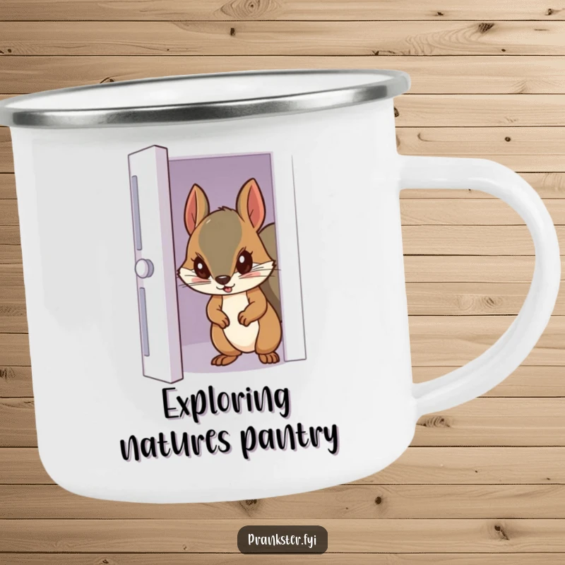 Funny camping mug with a sneaky squirrel peeking from a door, designed for outdoor enthusiasts who appreciate subtle humor.