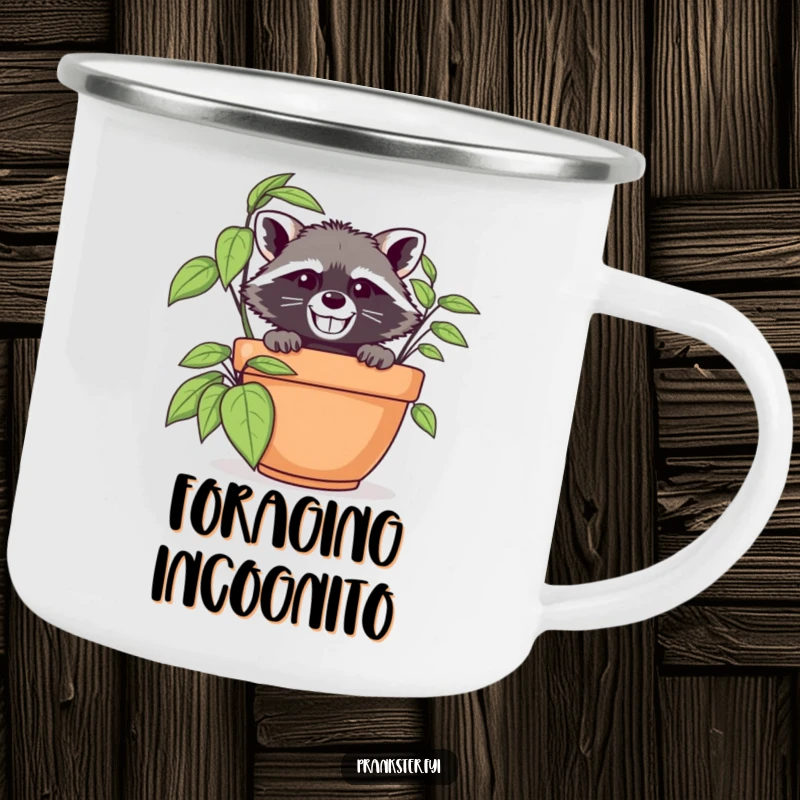 Funny raccoon in disguise peeking from behind a large potted plant, on a durable camping mug for outdoor observation.