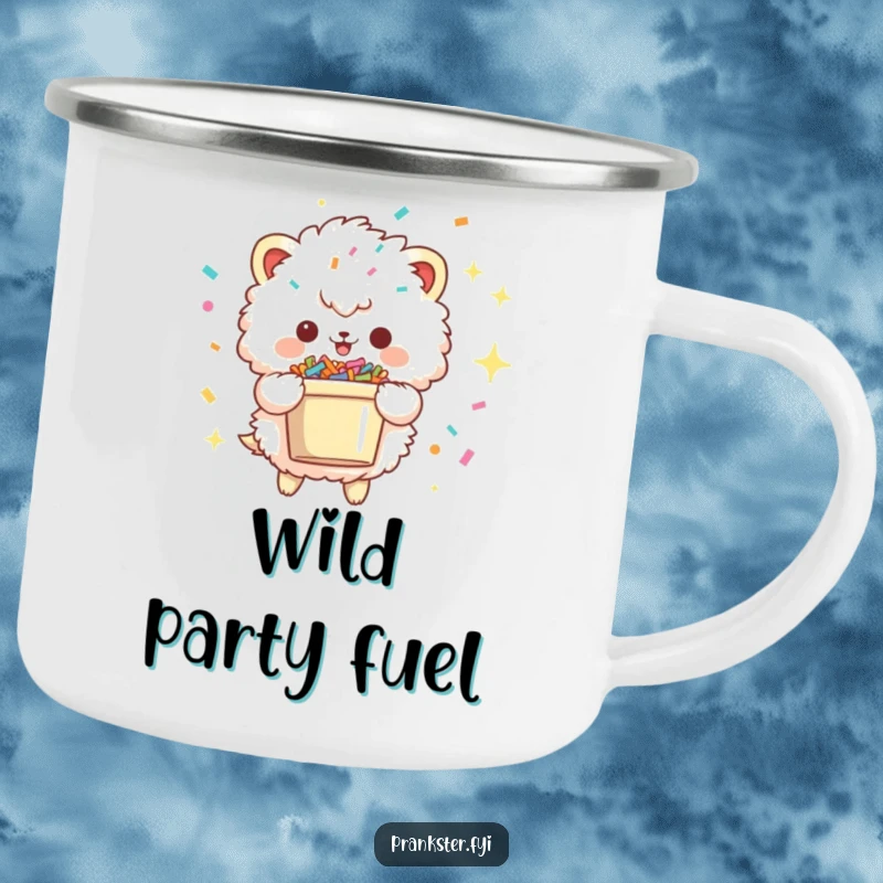 Funny camping mug featuring a fluffy creature with a mischievous sparkle, holding a confetti bucket, built for adventure and adding cheer to outdoor trips.