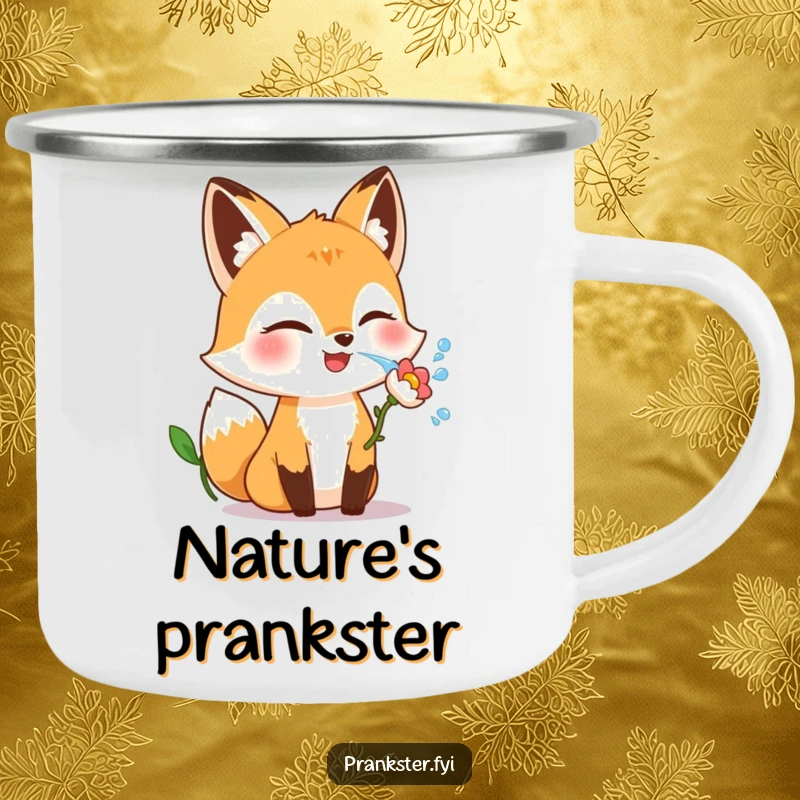 Funny fox camping mug with a giggling character winking and squirting water from a flower, for outdoor amusement.