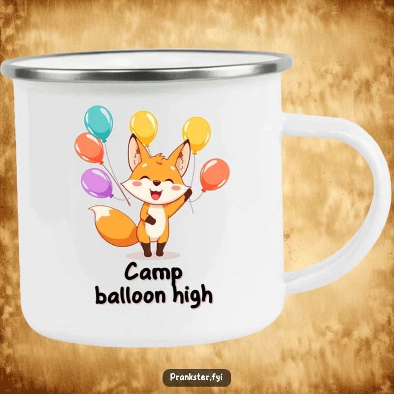 Funny camping mug with a happy fox character juggling balloons, perfect for outdoor cheer and hydration.